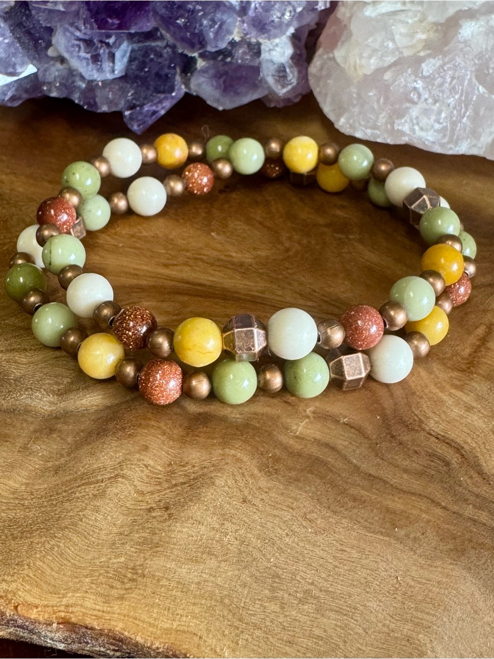 Double wrap Goldstone, Fossil and Alashan Agate Beaded Stretch Bracelet